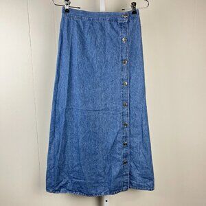 Vintage 90s Vintage Blue Denim Jean Maxi Skirt Side Buttons Womens Medium